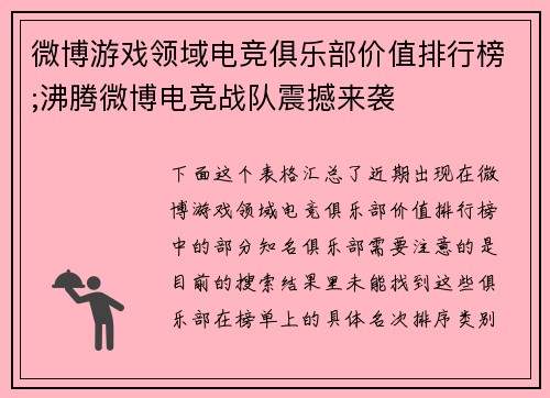 微博游戏领域电竞俱乐部价值排行榜;沸腾微博电竞战队震撼来袭